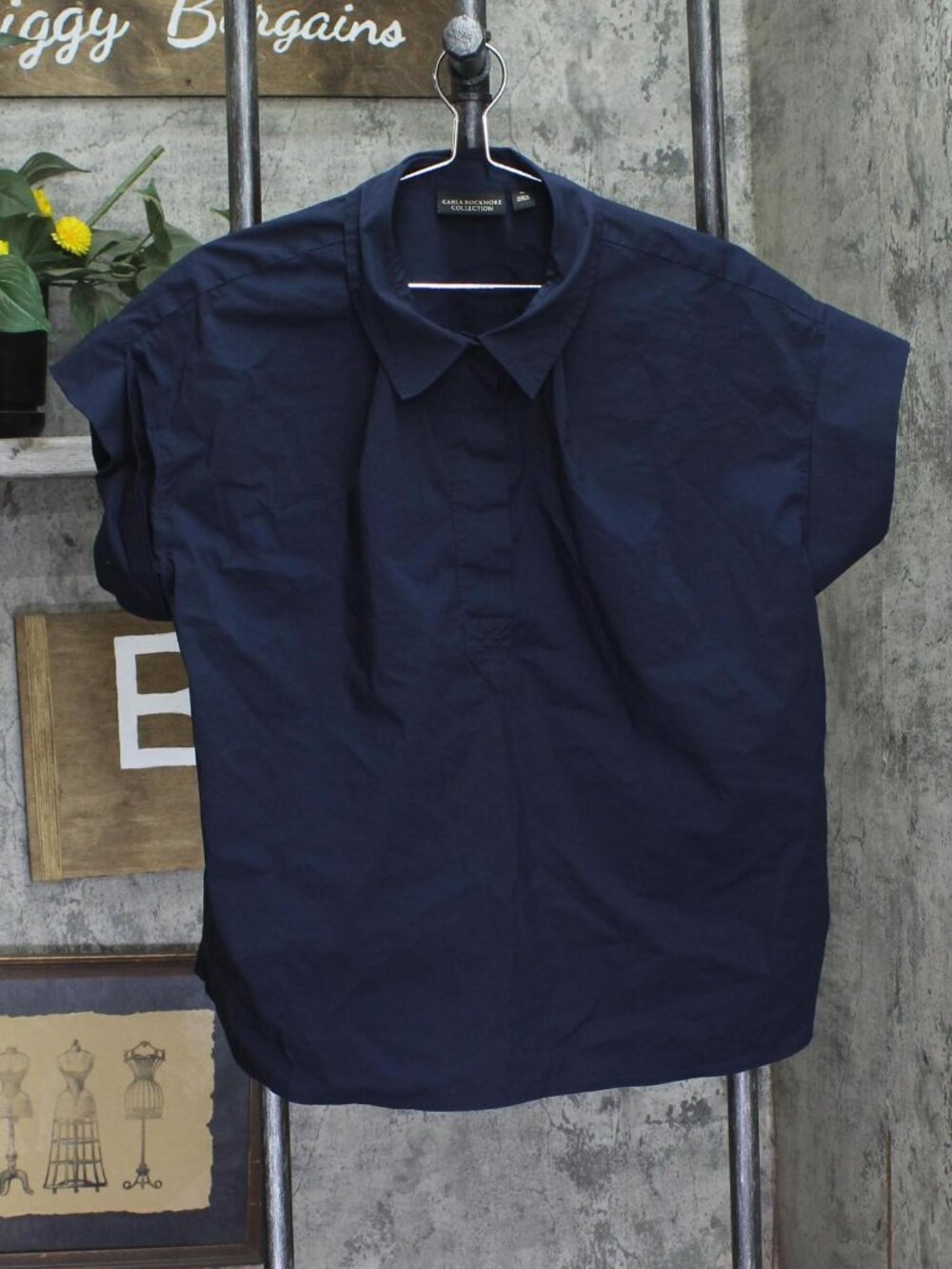Carla Rockmore Collection Cotton Poplin Short Sleeve Shirt Top Midnight Blue XL